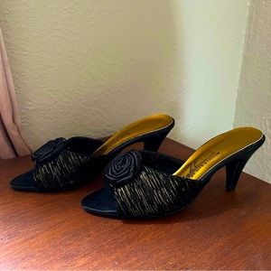 Vintage Black & Gold Slip On Heels w/Rosettes